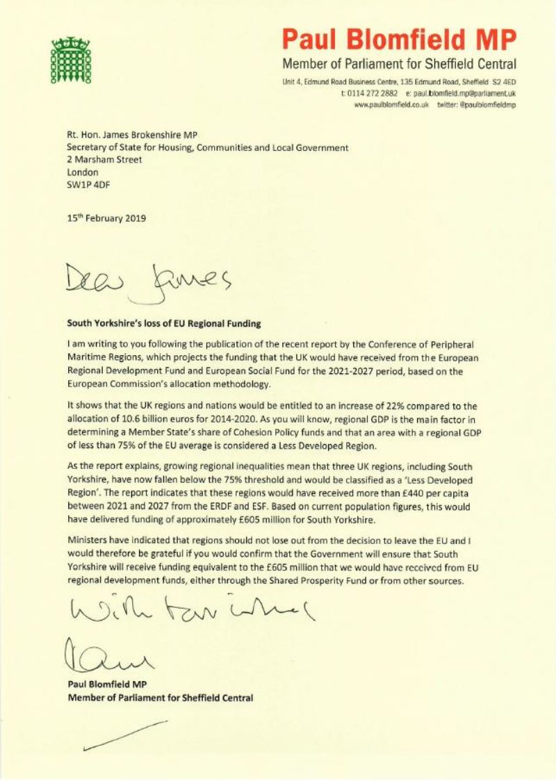 Letter to James Brokenshire MP, Secretary of State for Housing, Communities and Local Government regarding South Yorkshire