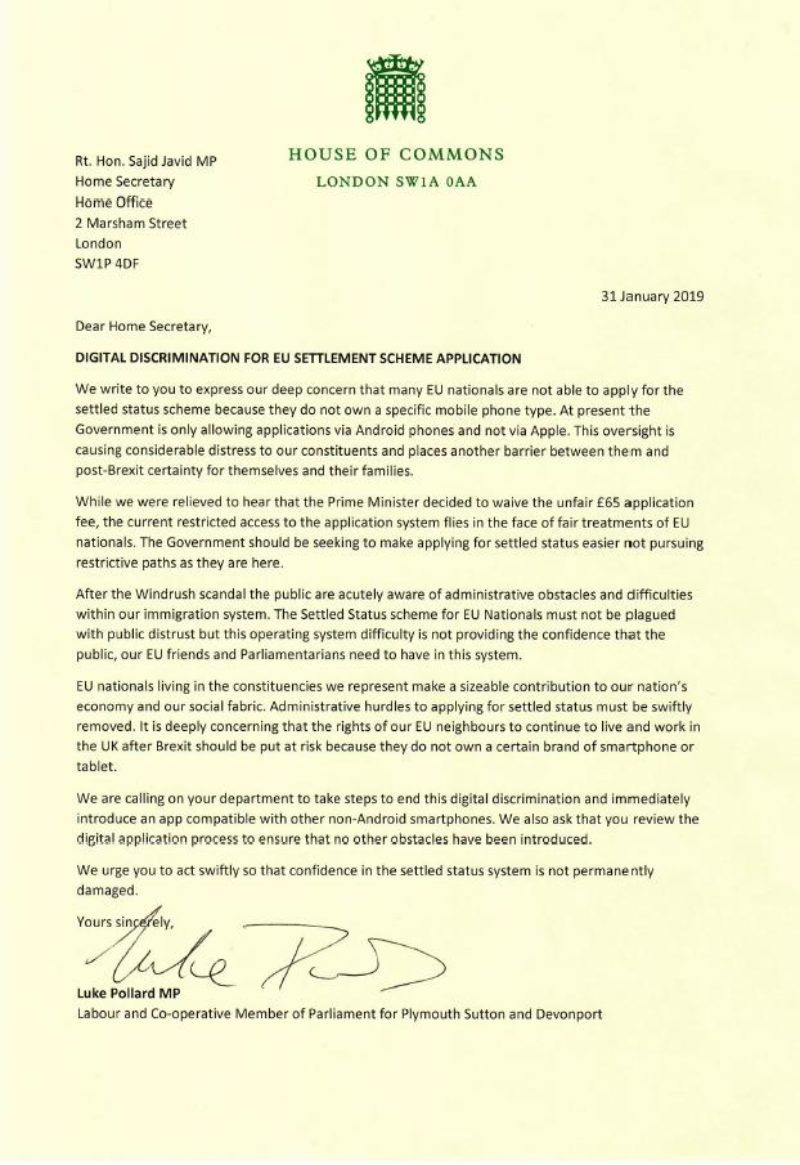 Joint letter to Rt Hon Sajid Javid MP, the Home Secretary, on the Settled Status scheme for EU nationals and their families