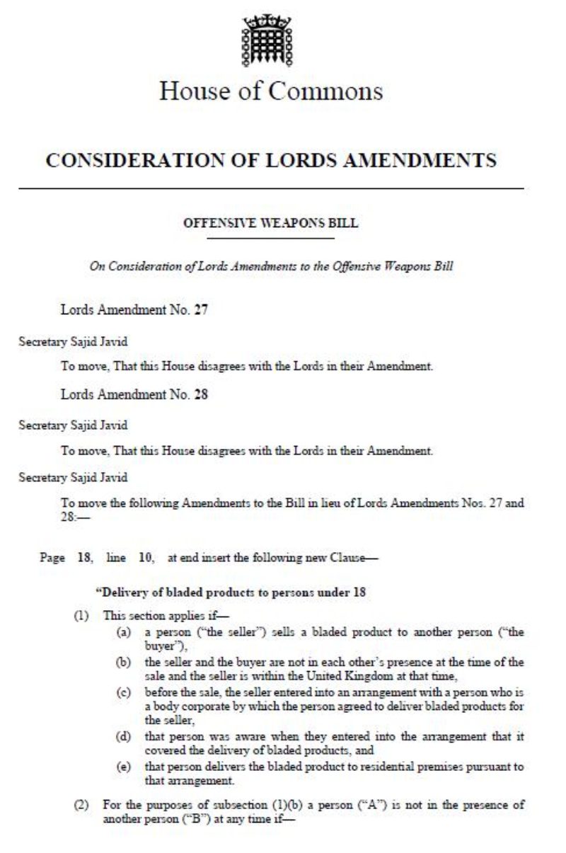 Government amendments to the Offensive Weapon Bill