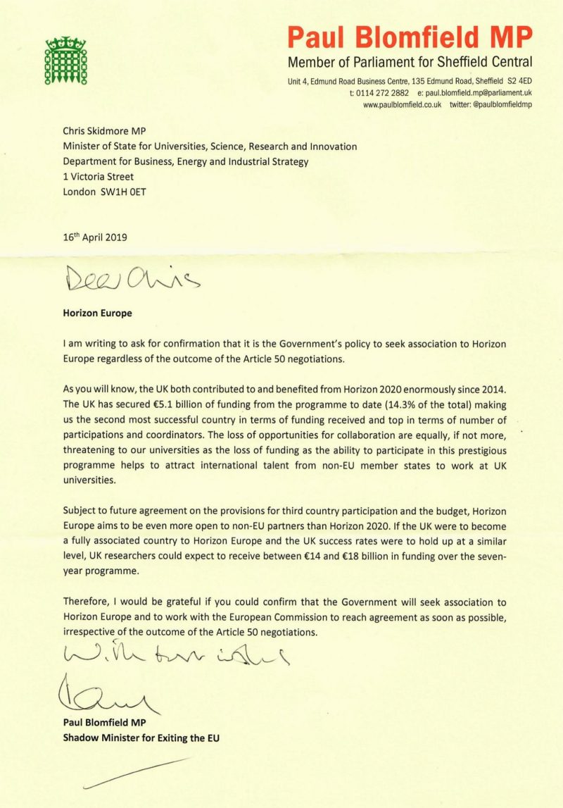 Letter to Chris Skidmore MP, Minister of State for Universities, Science, Research and Innovation.