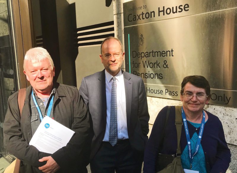 Tim Arnold, Paul Blomfield, and Frances Potter outside the Department for Work & Pensions.