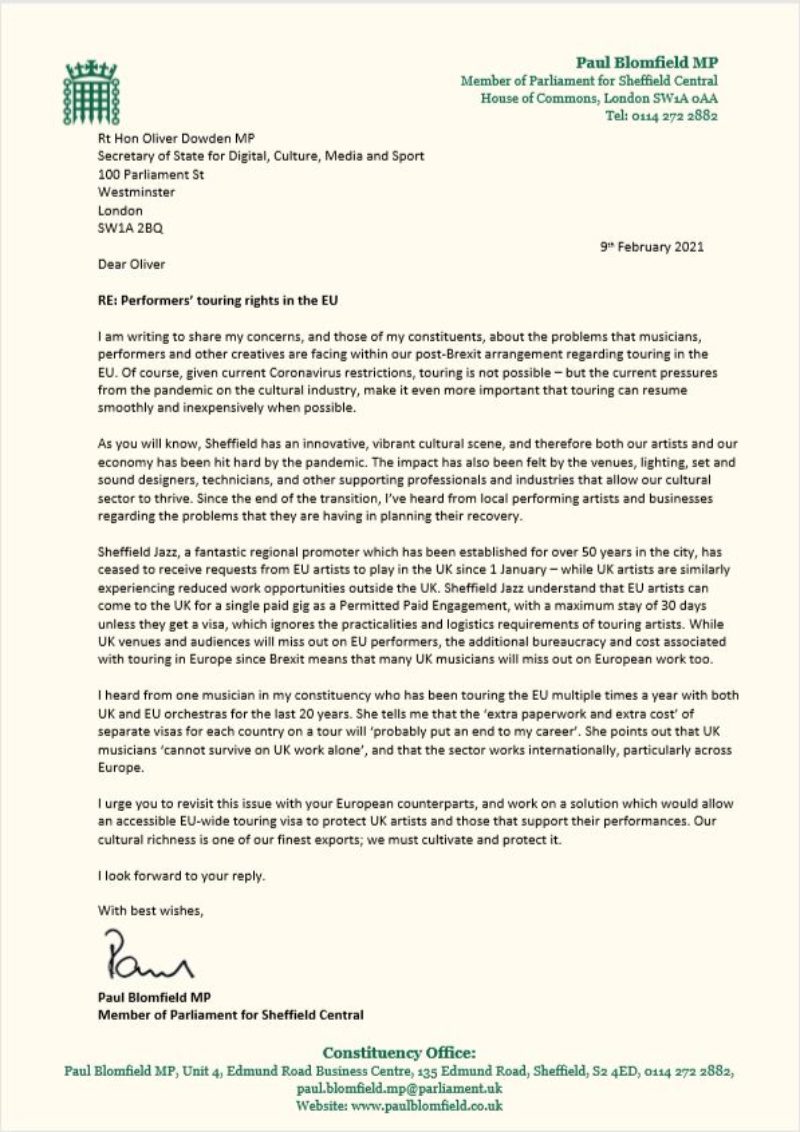Image of letter to Oliver Dowden regarding performers