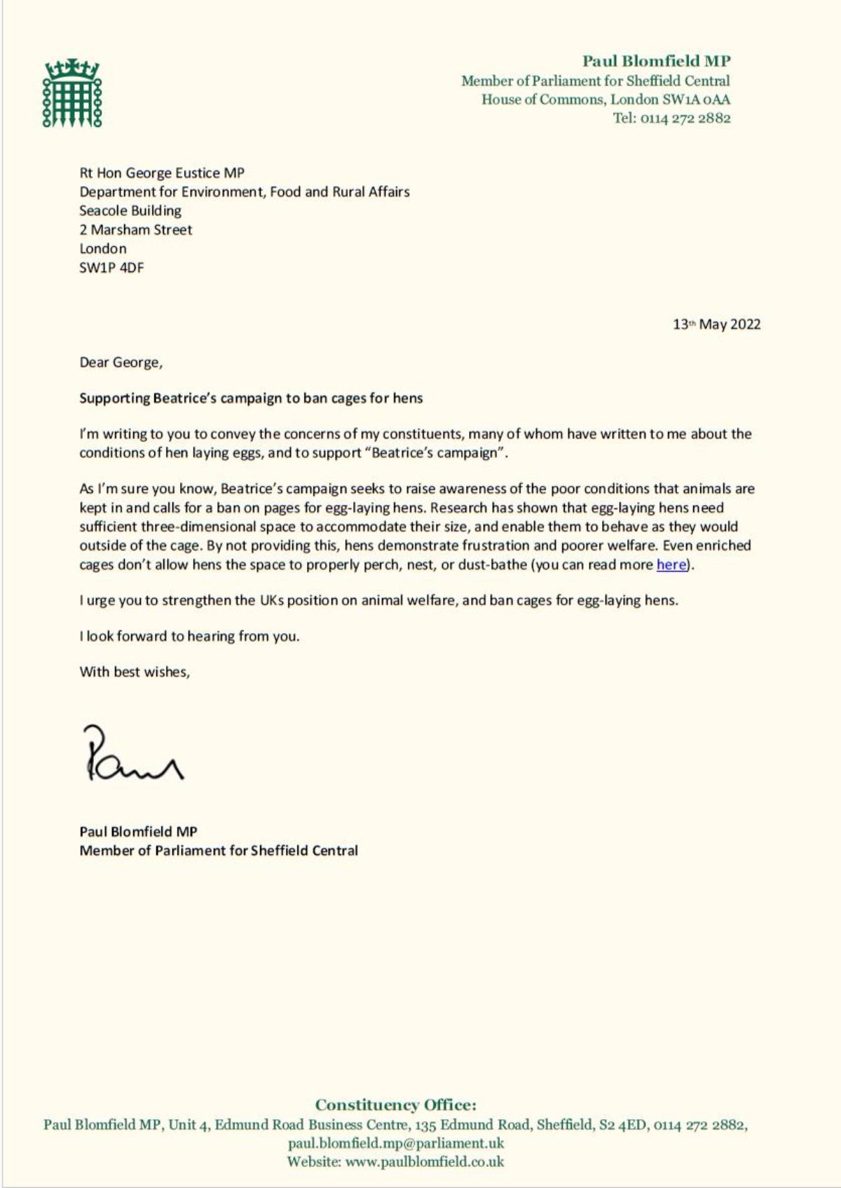 Letter to George Eustice MP regarding caged hens