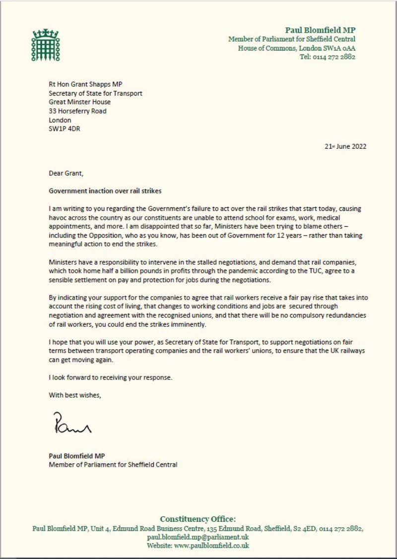 Letter to Grant Shapps about the rail strikes
